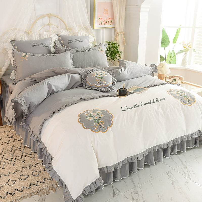 Summer Ruffled Cotton Four-piece Set Girl Heart Embroidery Flower Quilt Cover - Mubimart
