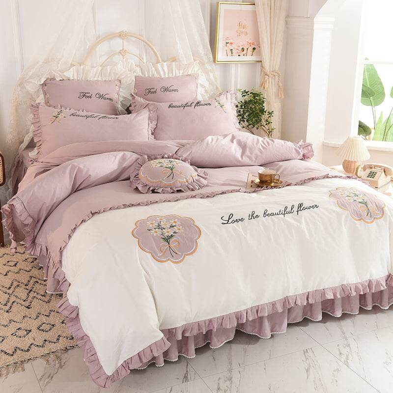 Summer Ruffled Cotton Four-piece Set Girl Heart Embroidery Flower Quilt Cover - Mubimart