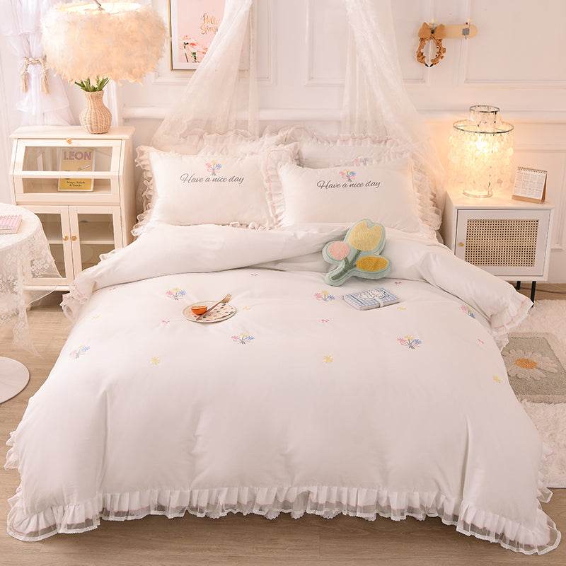 Summer Ruffled Cotton Four-piece Set Girl Heart Embroidery Flower Quilt Cover - Mubimart