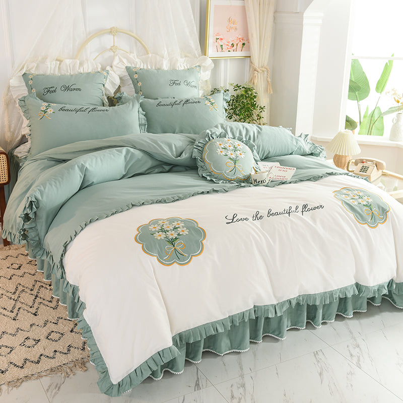 Summer Ruffled Cotton Four-piece Set Girl Heart Embroidery Flower Quilt Cover - Mubimart -  