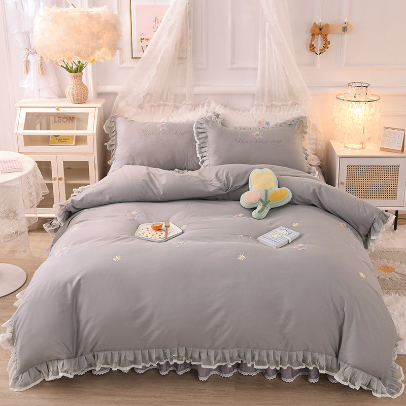 Summer Ruffled Cotton Four-piece Set Girl Heart Embroidery Flower Quilt Cover - Mubimart -  