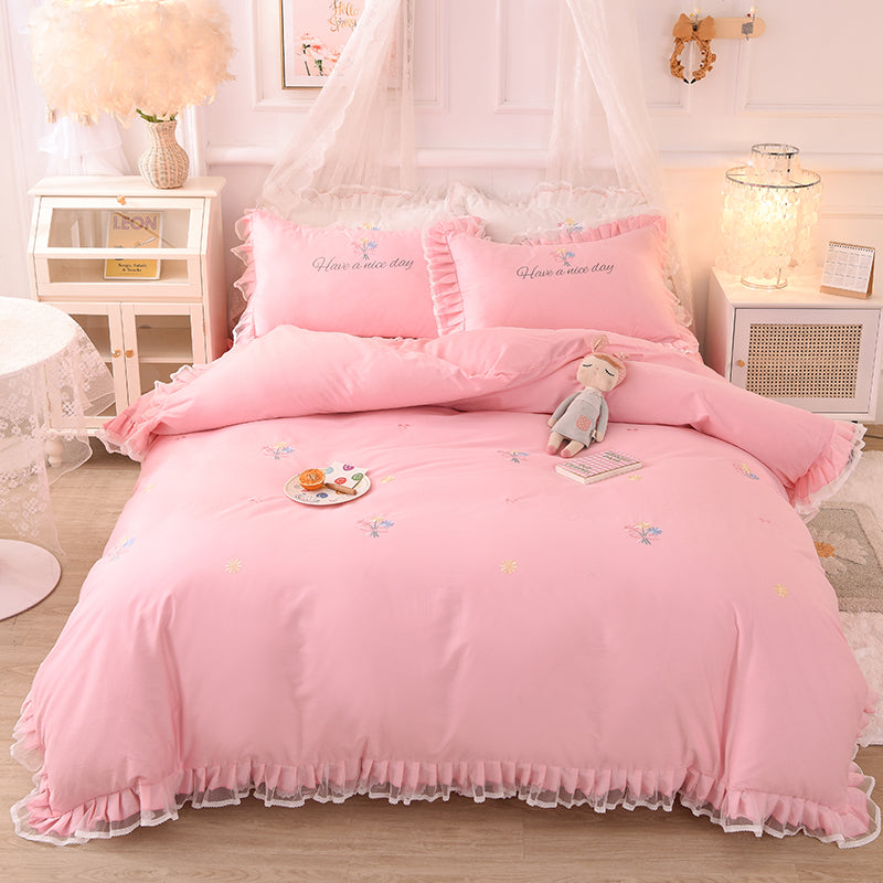 Summer Ruffled Cotton Four-piece Set Girl Heart Embroidery Flower Quilt Cover - Mubimart -  