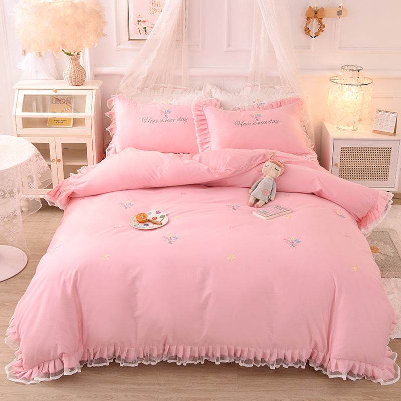 Summer Ruffled Cotton Four-piece Set Girl Heart Embroidery Flower Quilt Cover - Mubimart
