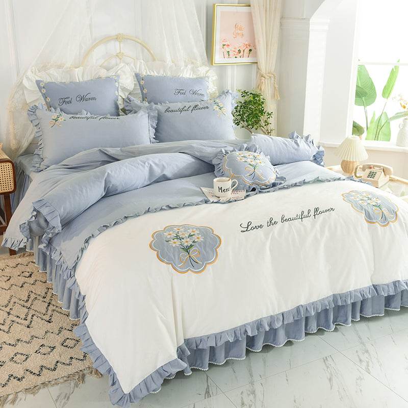 Summer Ruffled Cotton Four-piece Set Girl Heart Embroidery Flower Quilt Cover - Mubimart