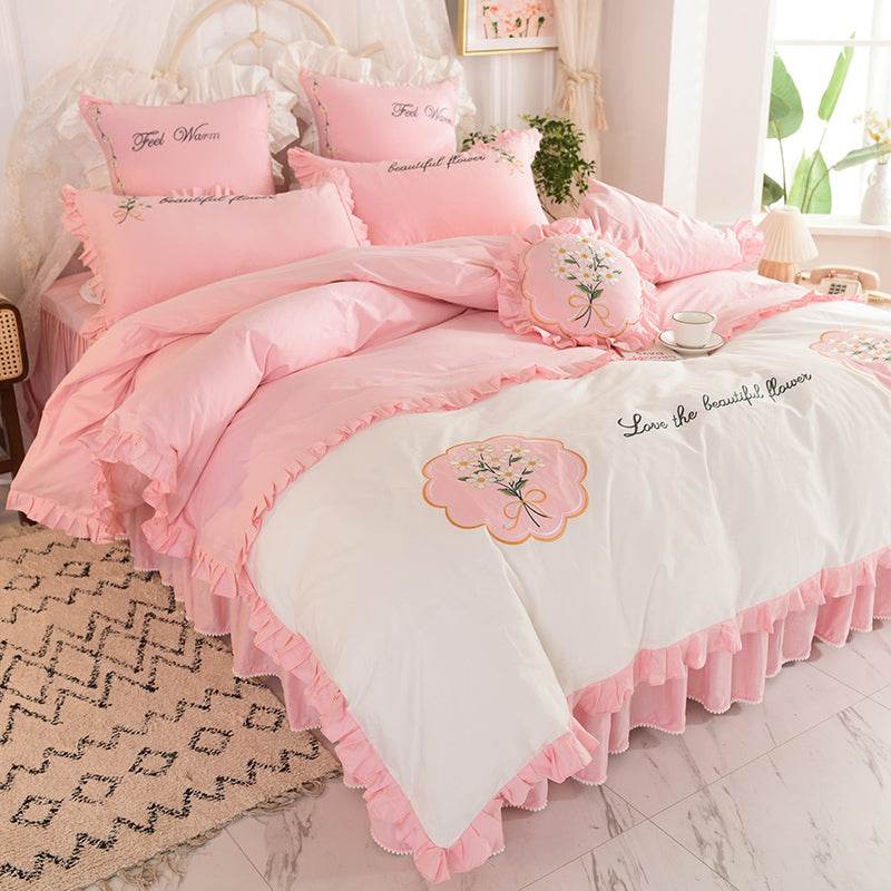 Summer Ruffled Cotton Four-piece Set Girl Heart Embroidery Flower Quilt Cover - Mubimart
