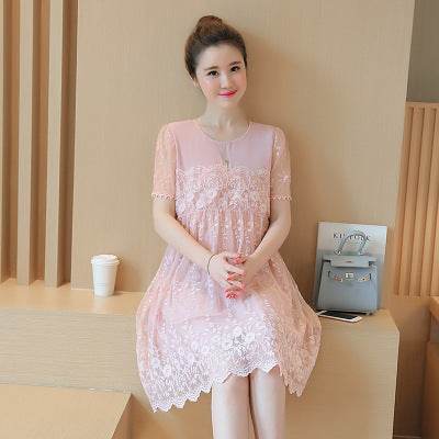 Summer new maternity dress Korean shirt lace crochet flower maternity dress long pregnant women dress - Mubimart