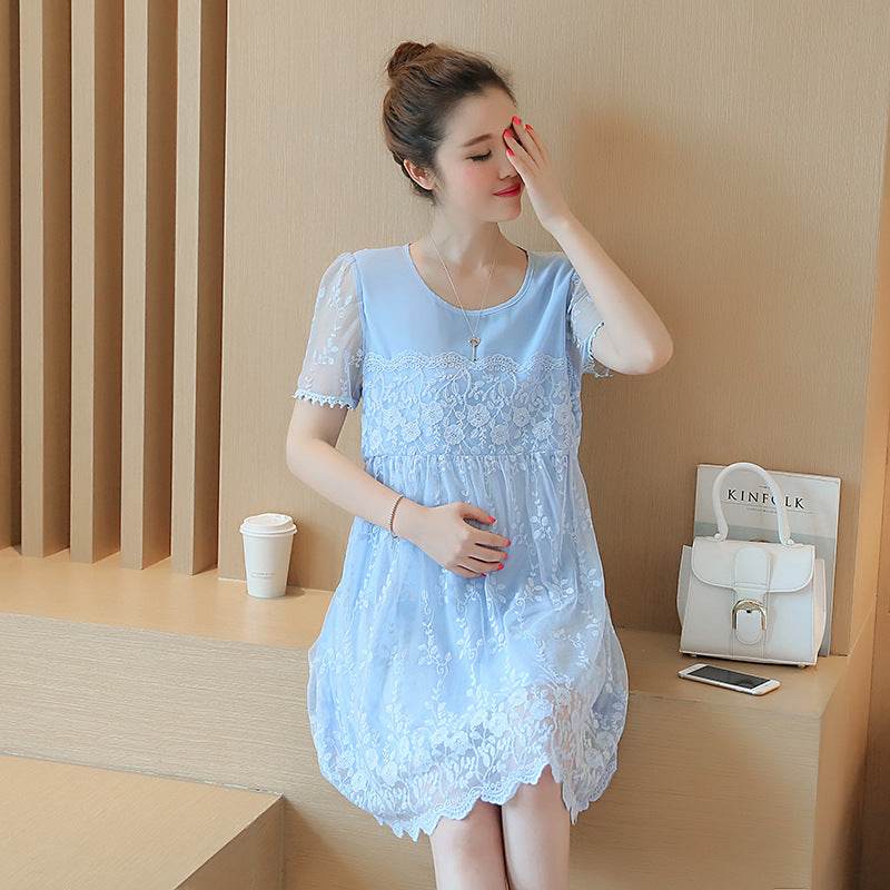Summer new maternity dress Korean shirt lace crochet flower maternity dress long pregnant women dress - Mubimart