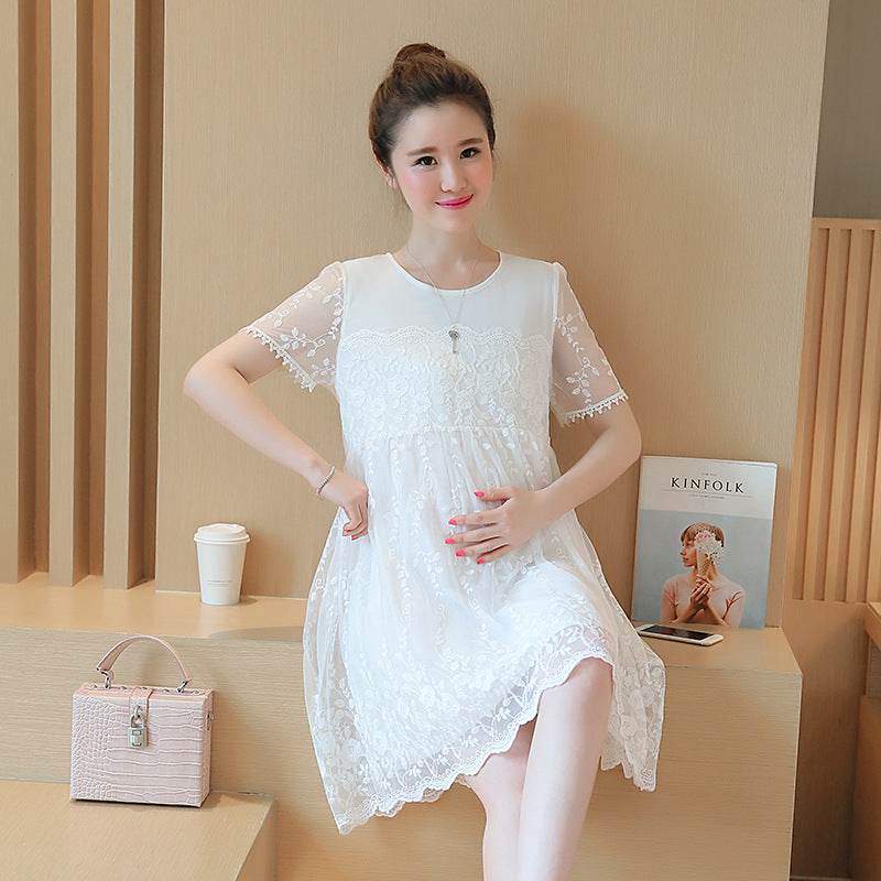 Summer new maternity dress Korean shirt lace crochet flower maternity dress long pregnant women dress - Mubimart