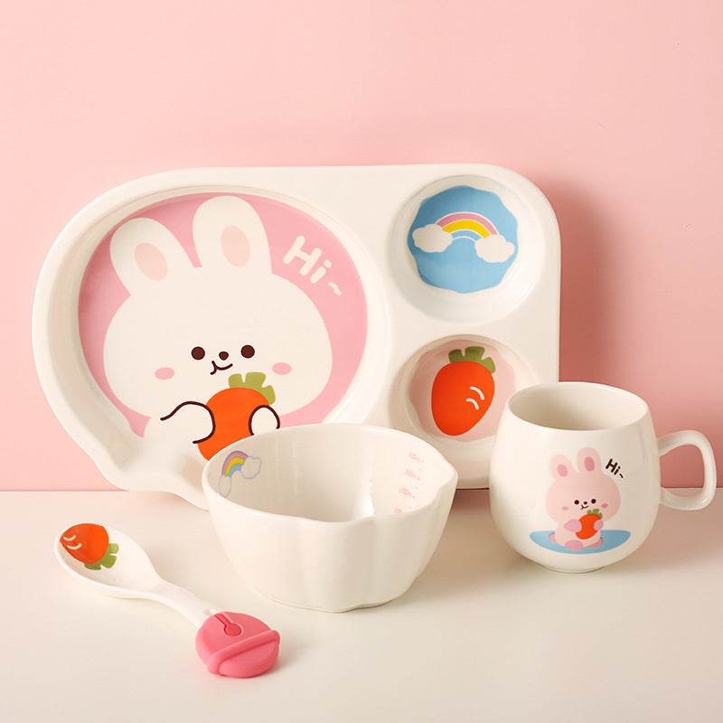 Tableware Set Cute Rabbit Children's Dinner Plate One Person Cup Bowl Creative Compartment Tray Breakfast Plate - Mubimart