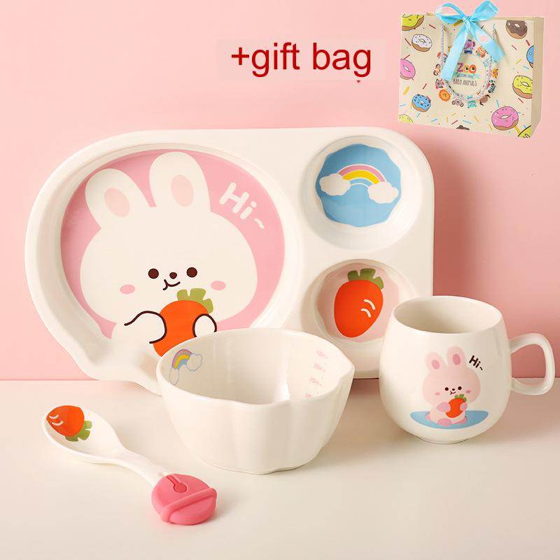 Tableware Set Cute Rabbit Children's Dinner Plate One Person Cup Bowl Creative Compartment Tray Breakfast Plate - Mubimart