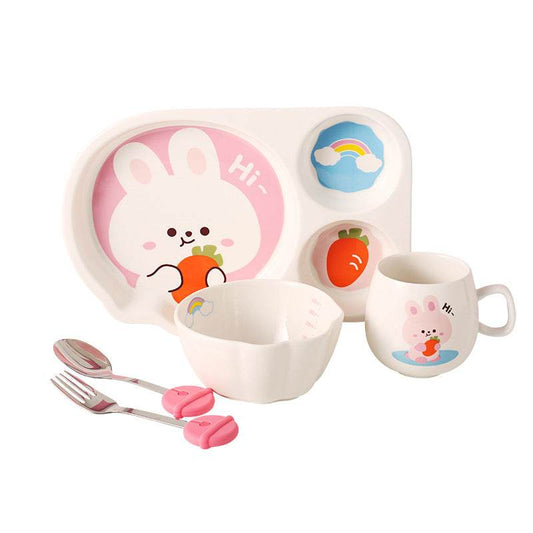 Tableware Set Cute Rabbit Children's Dinner Plate One Person Cup Bowl Creative Compartment Tray Breakfast Plate - Mubimart