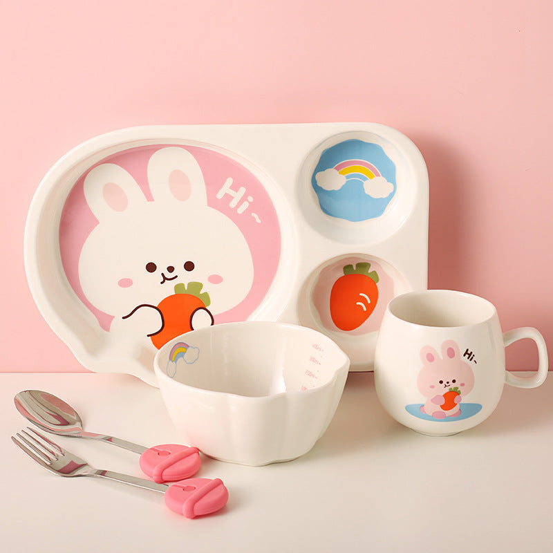 Tableware Set Cute Rabbit Children's Dinner Plate One Person Cup Bowl Creative Compartment Tray Breakfast Plate Mubimart