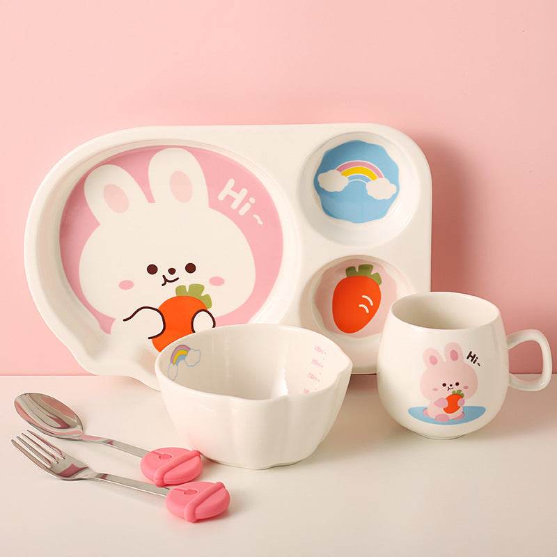 Tableware Set Cute Rabbit Children's Dinner Plate One Person Cup Bowl Creative Compartment Tray Breakfast Plate - Mubimart