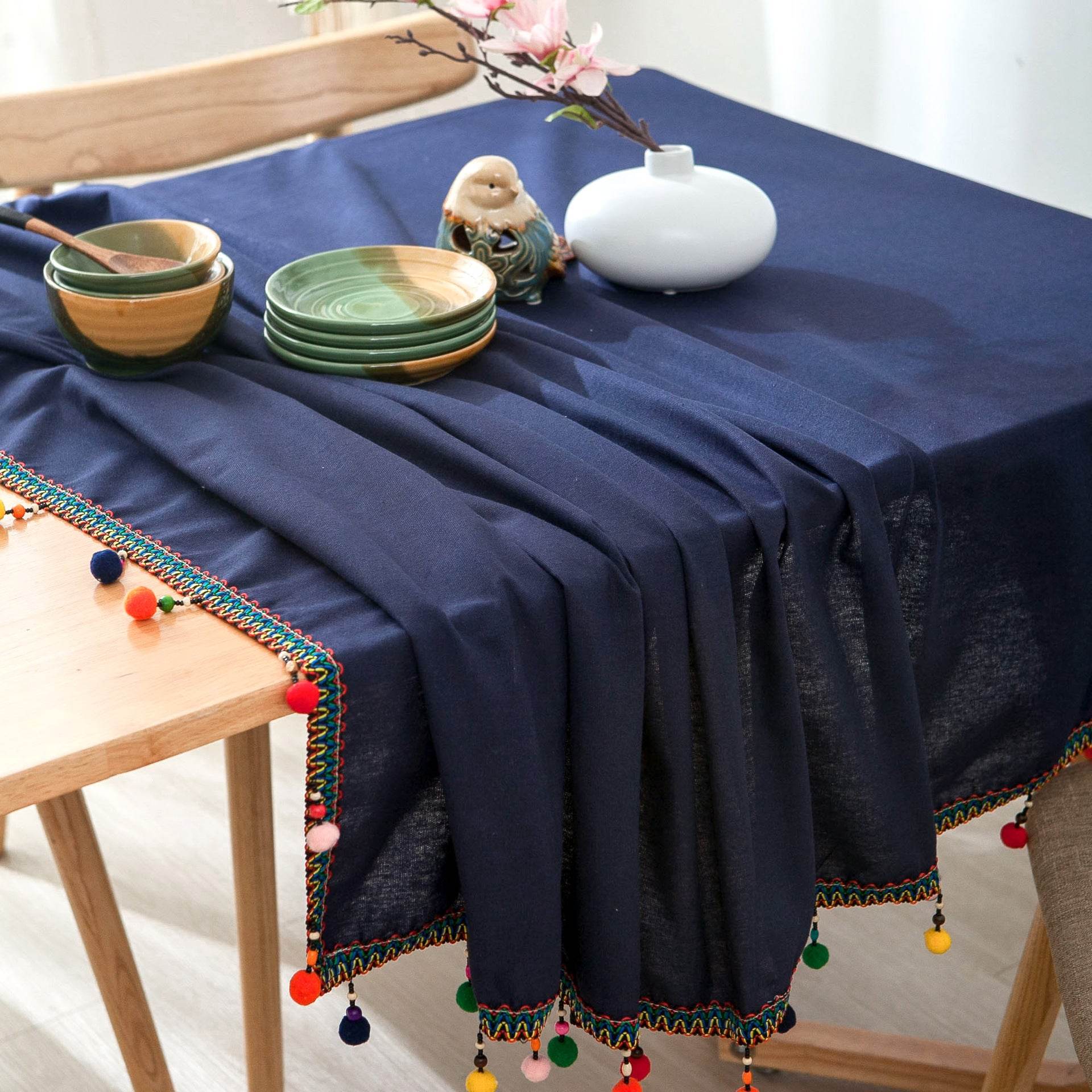 Tassel cotton linen tablecloth - Mubimart