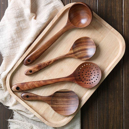 Thai Teak Unpainted Solid Wood Spatula Cooking Spoon Set - Mubimart