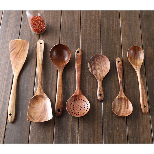 Thai Teak Unpainted Solid Wood Spatula Cooking Spoon Set - Mubimart