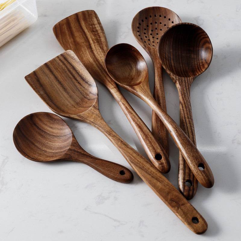Thailand Teak Natural Wood Tableware Spoon Ladle Turner Long Rice Colander Soup Skimmer Cooking Spoons Scoop Kitchen Tool Set - Mubimart