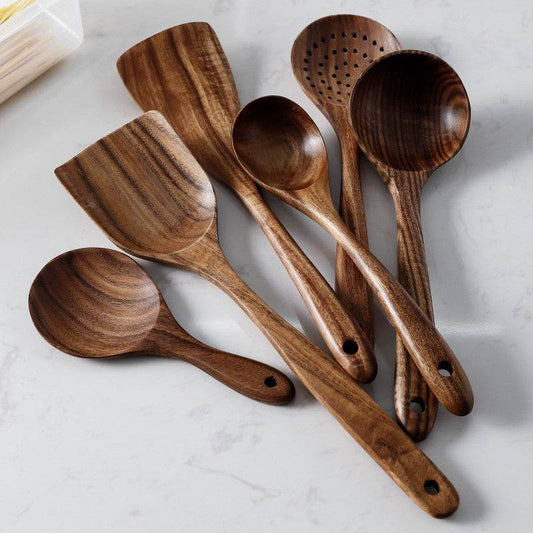 Thailand Teak Natural Wood Tableware Spoon Ladle Turner Long Rice Colander Soup Skimmer Cooking Spoons Scoop Kitchen Tool Set - Mubimart