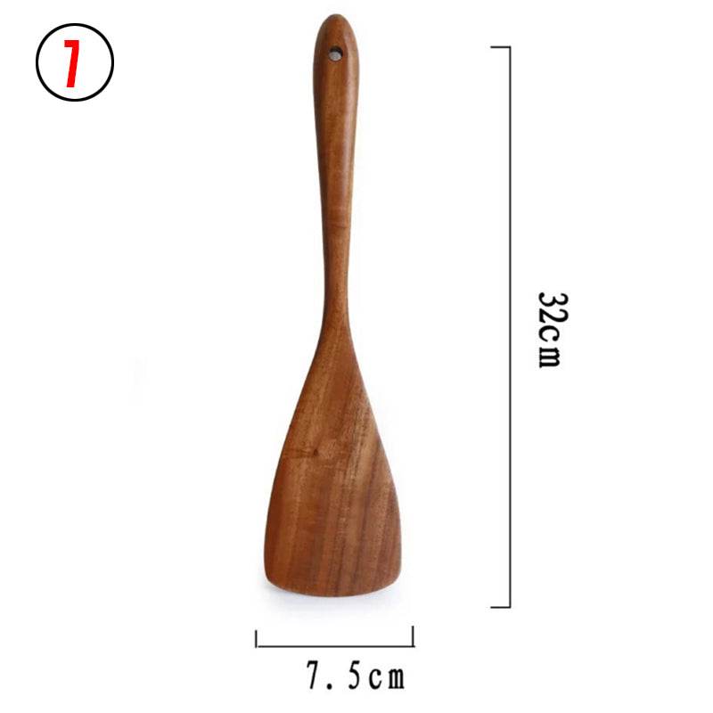 Thailand Teak Natural Wood Tableware Spoon Ladle Turner Long Rice Colander Soup Skimmer Cooking Spoons Scoop Kitchen Tool Set - Mubimart