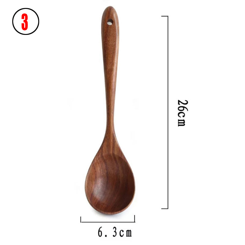 Thailand Teak Natural Wood Tableware Spoon Ladle Turner Long Rice Colander Soup Skimmer Cooking Spoons Scoop Kitchen Tool Set - Mubimart -  