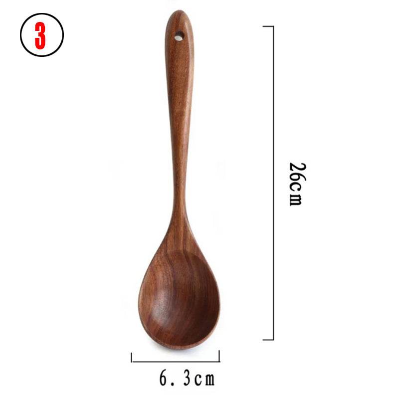 Thailand Teak Natural Wood Tableware Spoon Ladle Turner Long Rice Colander Soup Skimmer Cooking Spoons Scoop Kitchen Tool Set - Mubimart
