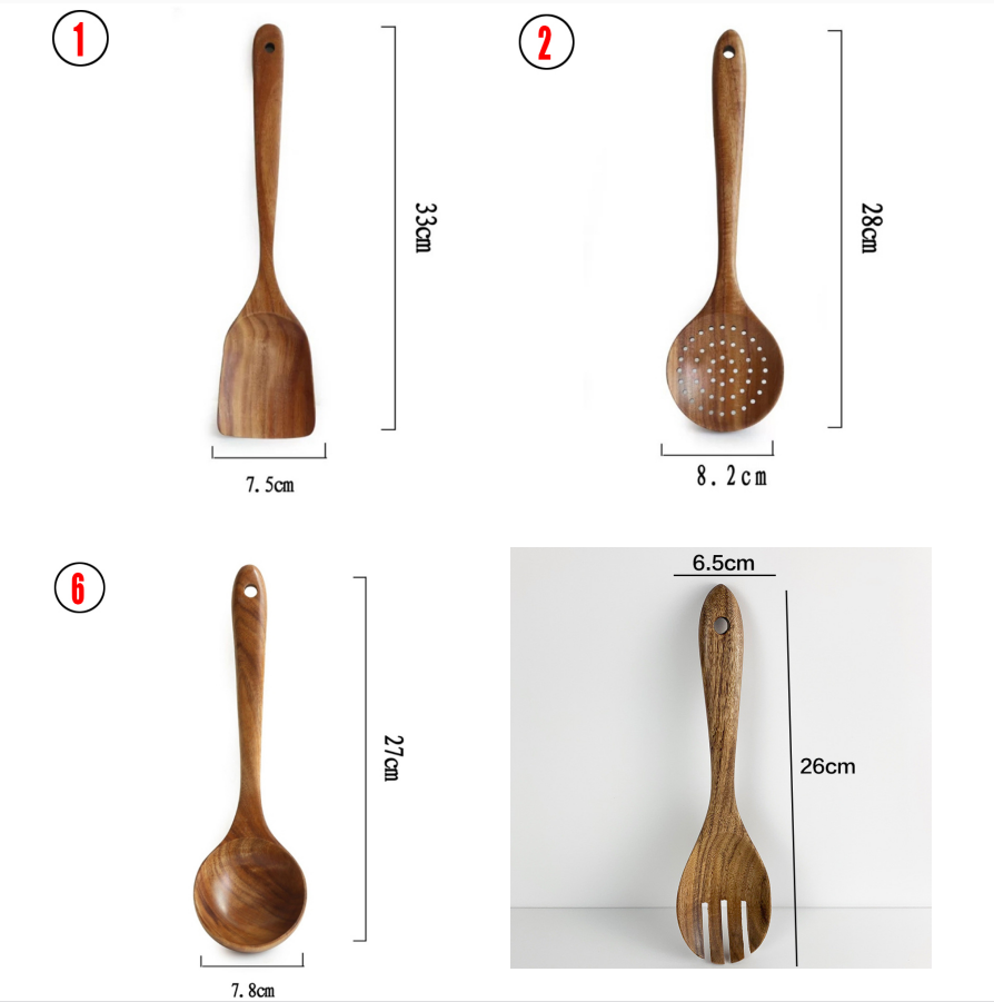 Thailand Teak Natural Wood Tableware Spoon Ladle Turner Long Rice Colander Soup Skimmer Cooking Spoons Scoop Kitchen Tool Set - Mubimart -  