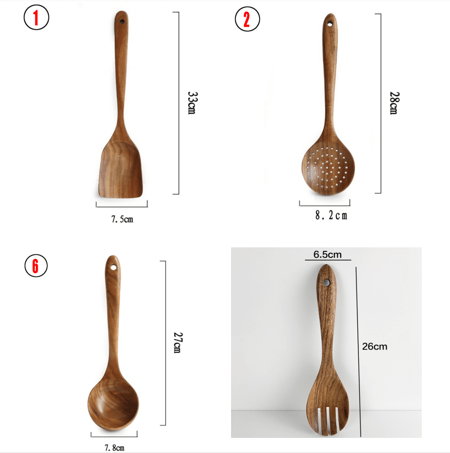 Thailand Teak Natural Wood Tableware Spoon Ladle Turner Long Rice Colander Soup Skimmer Cooking Spoons Scoop Kitchen Tool Set - Mubimart