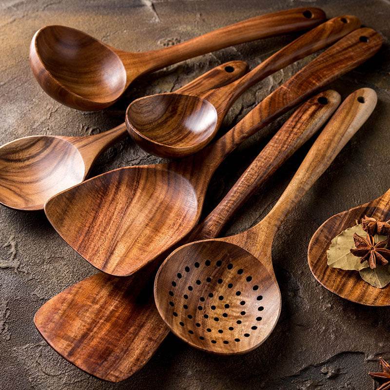 Thailand Teak Natural Wood Tableware Spoon Ladle Turner Long Rice Colander Soup Skimmer Cooking Spoons Scoop Kitchen Tool Set - Mubimart