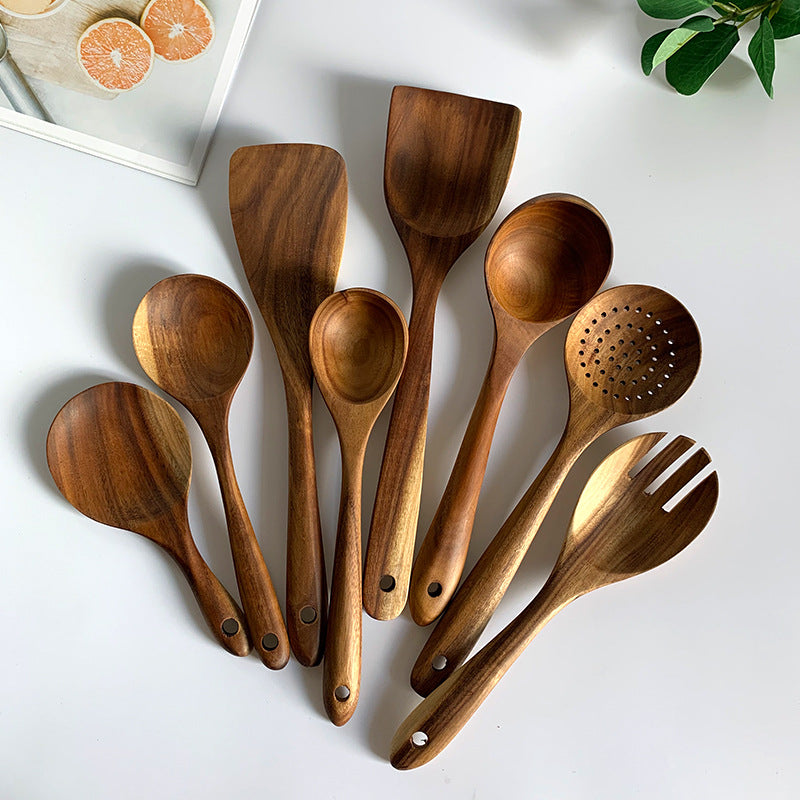 Thailand Teak Natural Wood Tableware Spoon Ladle Turner Long Rice Colander Soup Skimmer Cooking Spoons Scoop Kitchen Tool Set - Mubimart -  