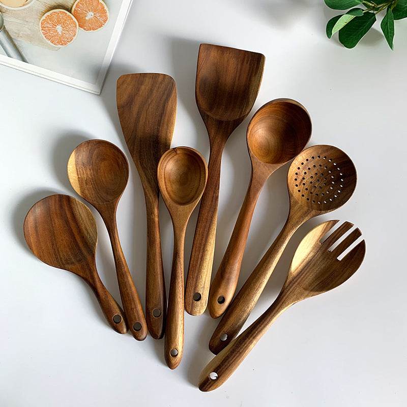 Thailand Teak Natural Wood Tableware Spoon Ladle Turner Long Rice Colander Soup Skimmer Cooking Spoons Scoop Kitchen Tool Set - Mubimart