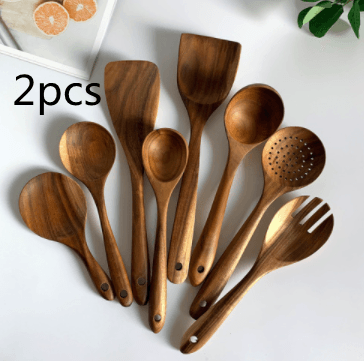 Thailand Teak Natural Wood Tableware Spoon Ladle Turner Long Rice Colander Soup Skimmer Cooking Spoons Scoop Kitchen Tool Set - Mubimart