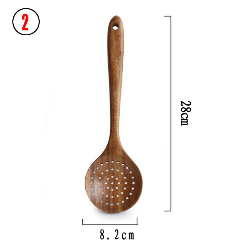 Thailand Teak Natural Wood Tableware Spoon Ladle Turner Long Rice Colander Soup Skimmer Cooking Spoons Scoop Kitchen Tool Set - Mubimart -  