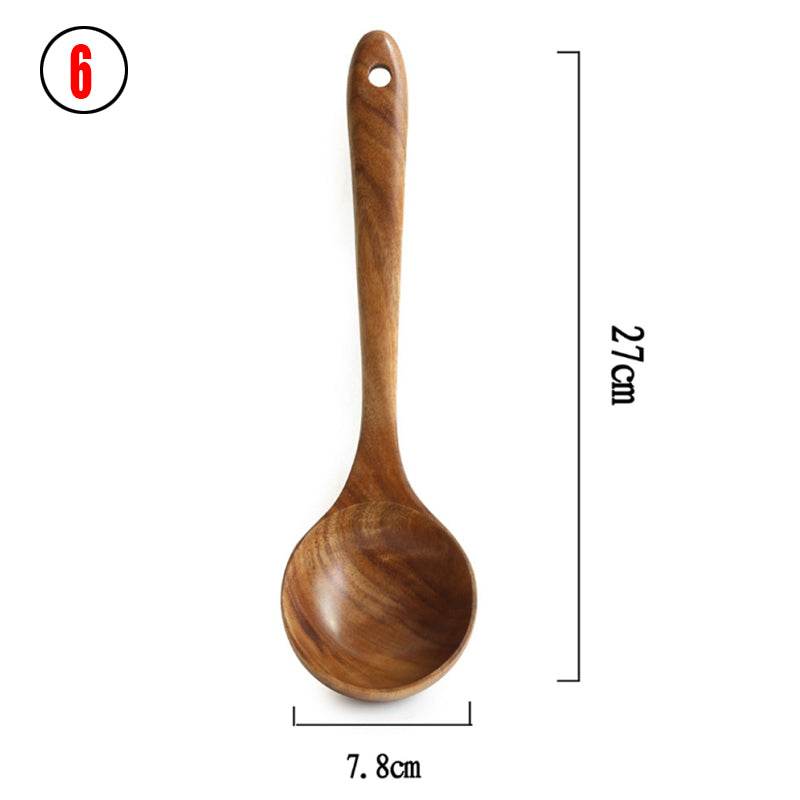 Thailand Teak Natural Wood Tableware Spoon Ladle Turner Long Rice Colander Soup Skimmer Cooking Spoons Scoop Kitchen Tool Set - Mubimart