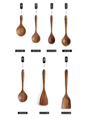 Thailand Teak Natural Wood Tableware Spoon Ladle Turner Long Rice Colander Soup Skimmer Cooking Spoons Scoop Kitchen Tool Set - Mubimart