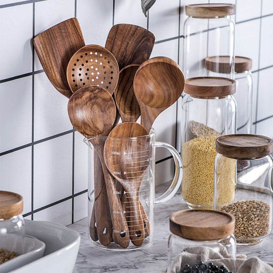 Thailand Teak Natural Wood Tableware Spoon Ladle Turner Long Rice Colander Soup Skimmer Cooking Spoons Scoop Kitchen Tool Set - Mubimart