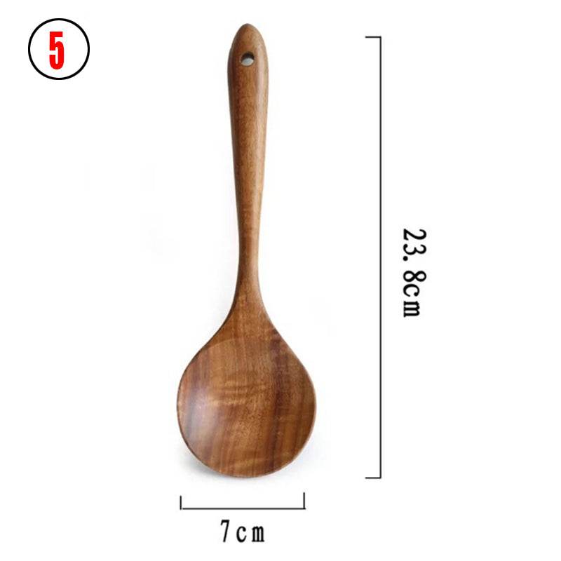 Thailand Teak Natural Wood Tableware Spoon Ladle Turner Long Rice Colander Soup Skimmer Cooking Spoons Scoop Kitchen Tool Set - Mubimart