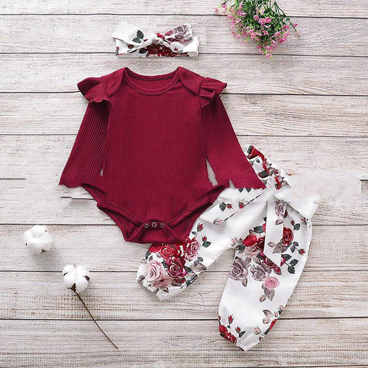 Three Piece Baby Girl Cotton Long Sleeved One Piece Romper Baby Trousers - Mubimart