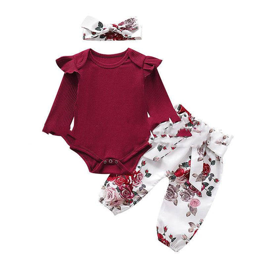 Three Piece Baby Girl Cotton Long Sleeved One Piece Romper Baby Trousers - Mubimart