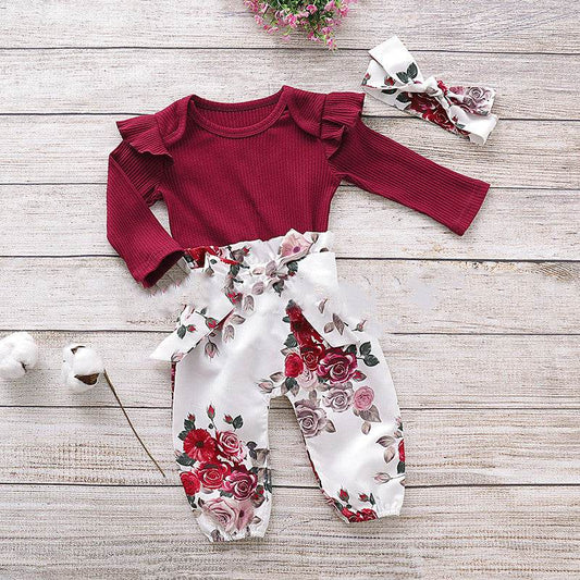 Three Piece Baby Girl Cotton Long Sleeved One Piece Romper Baby Trousers - Mubimart
