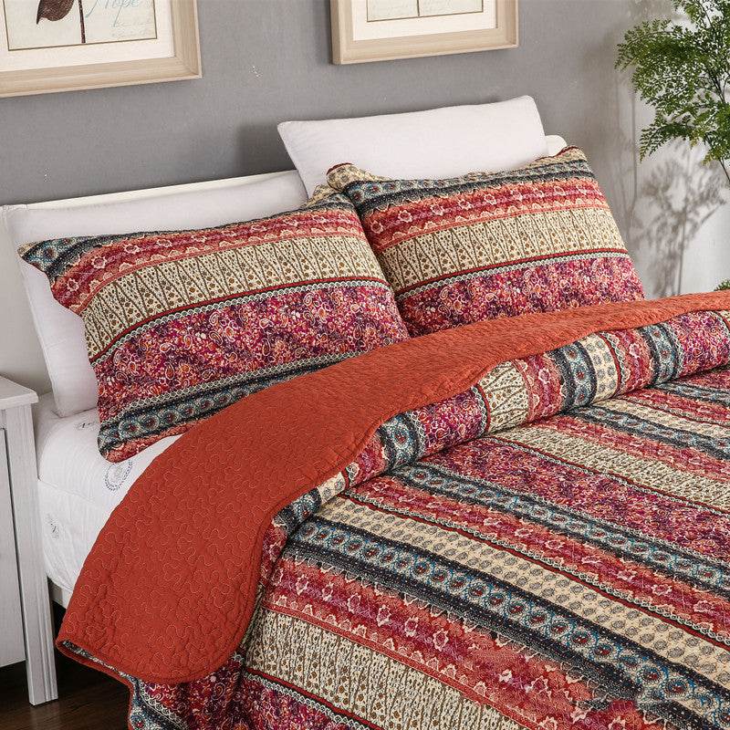 Three piece set of cotton and linen style cotton wash quilt - Mubimart