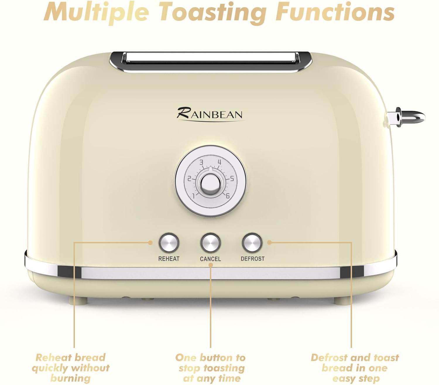 Toaster 2 Slice Retro Toaster Stainless Steel With 6 Bread Shade Settings And Bagel Cancel Defrost Reheat Function, Cute Bread Toaster With Extra Wide Slot And Removable Crumb Tray - Mubimart
