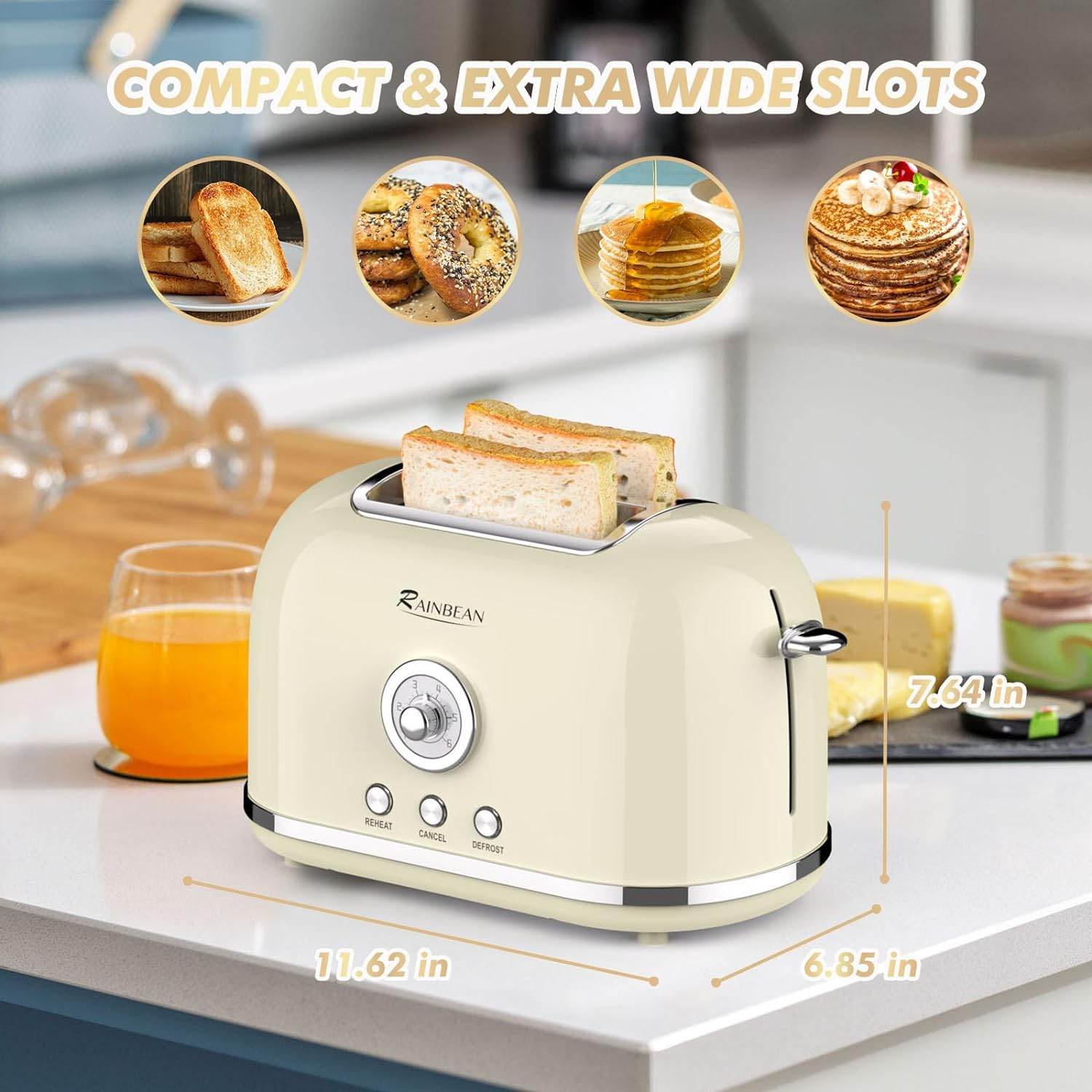 Toaster 2 Slice Retro Toaster Stainless Steel With 6 Bread Shade Settings And Bagel Cancel Defrost Reheat Function, Cute Bread Toaster With Extra Wide Slot And Removable Crumb Tray - Mubimart