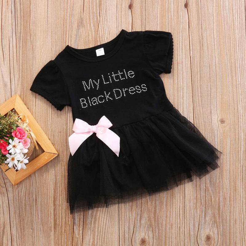 Toddler Girls Clothing Outfit Little Black Dress Short Sleeve Princess Onesie With A Bow 6-24 Months - Mubimart