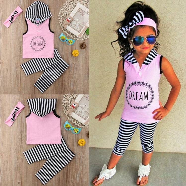 Toddler Kids Baby Girl 1T-6T Hoodie Top Pants Striped Leggings Headband Outfit Clothes - Mubimart