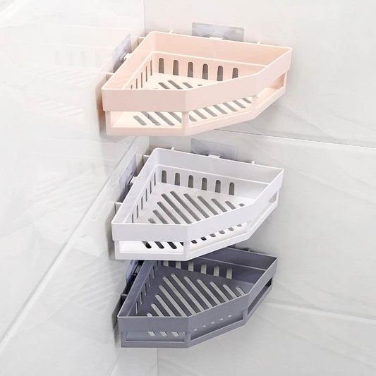 Traceless Plastic Bathroom Kitchen Corner Storage Cabinet Holder Shower Shelf Wall Basket - Mubimart