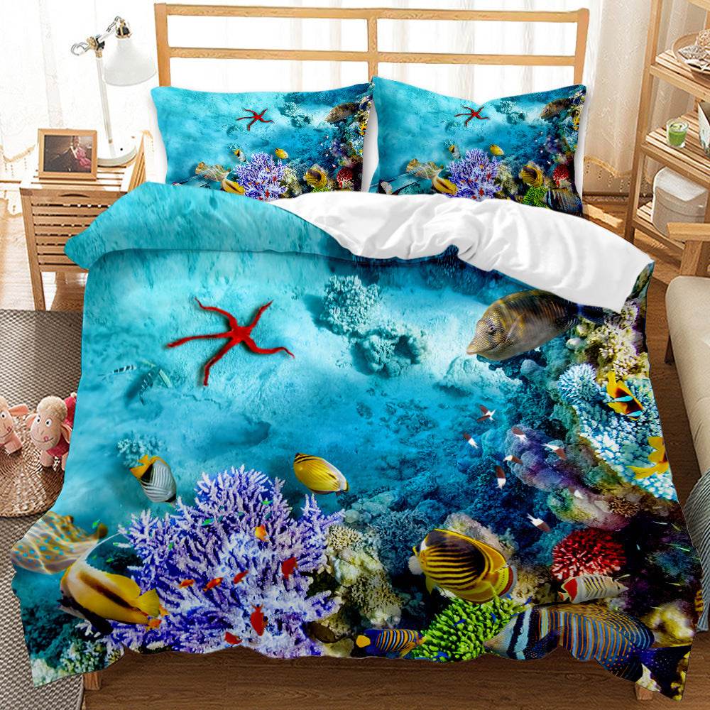 Underwater World Whale Shark Cross-Border Foreign Trade Quilt Cover Three-Piece Set Four-Piece 3D Digital Printing Brushed BeddingSet - Mubimart