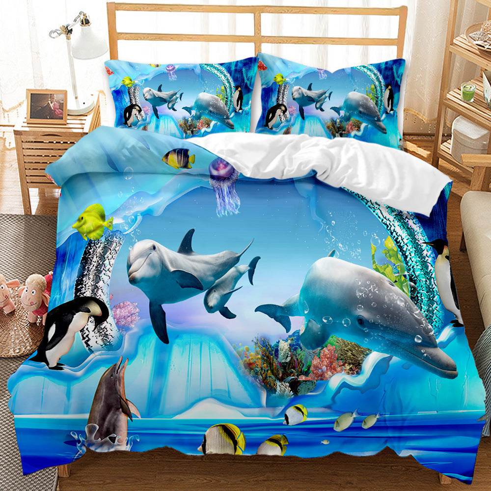 Underwater World Whale Shark Cross-Border Foreign Trade Quilt Cover Three-Piece Set Four-Piece 3D Digital Printing Brushed BeddingSet - Mubimart