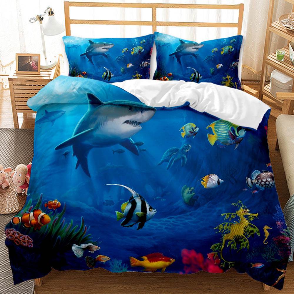 Underwater World Whale Shark Cross-Border Foreign Trade Quilt Cover Three-Piece Set Four-Piece 3D Digital Printing Brushed BeddingSet - Mubimart