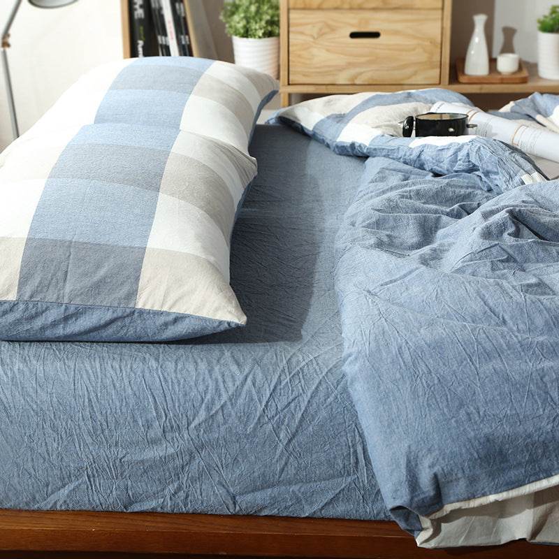 Unmarked Washed Cotton Four-piece Set Checked Goods Bedding Set Pure Cotton Naked Sleeping 4-piece Set - Mubimart