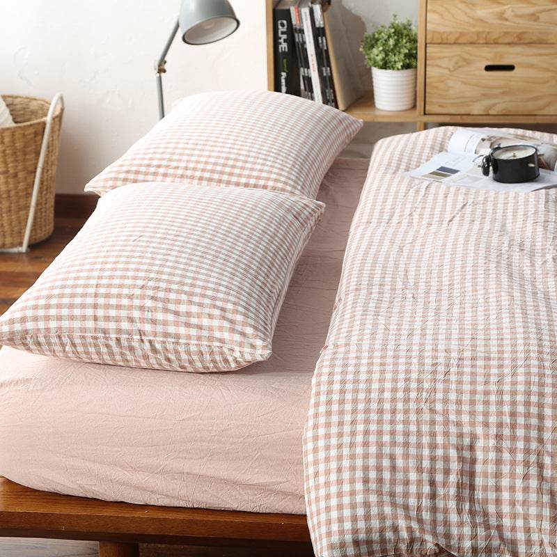 Unmarked Washed Cotton Four-piece Set Checked Goods Bedding Set Pure Cotton Naked Sleeping 4-piece Set - Mubimart